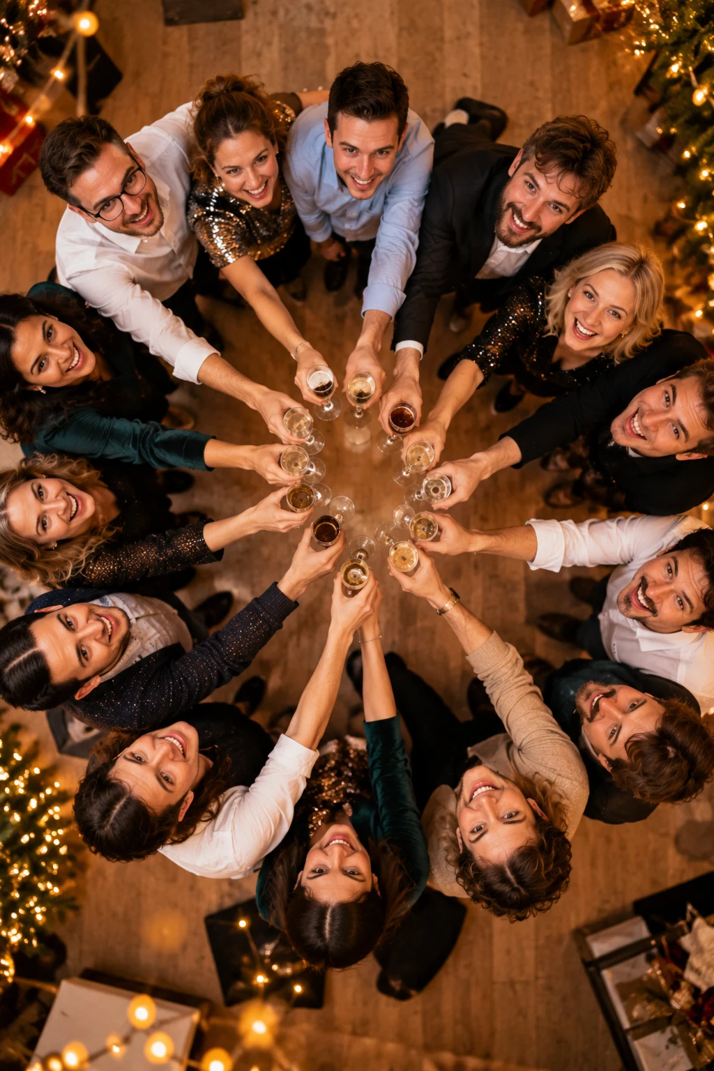 A team photographed from above stands in a circle and raises a toast at the Christmas party
