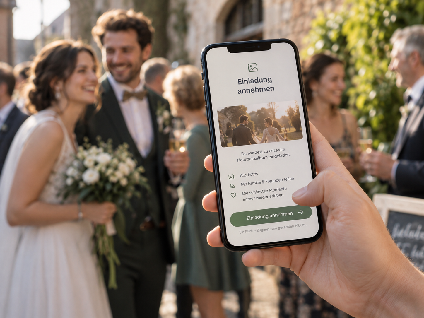 Gast nimmt per Smartphone eine Einladung zu einer privaten Hochzeitsgalerie an