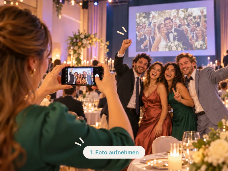 Gäste fotografieren → Fotos landen im Album → Alle sehen mit → Live auf der Leinwand