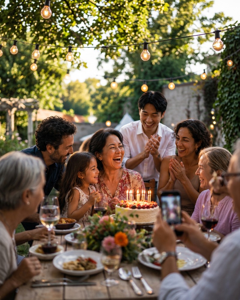 Geburtstagsrunde mit Torte im Garten