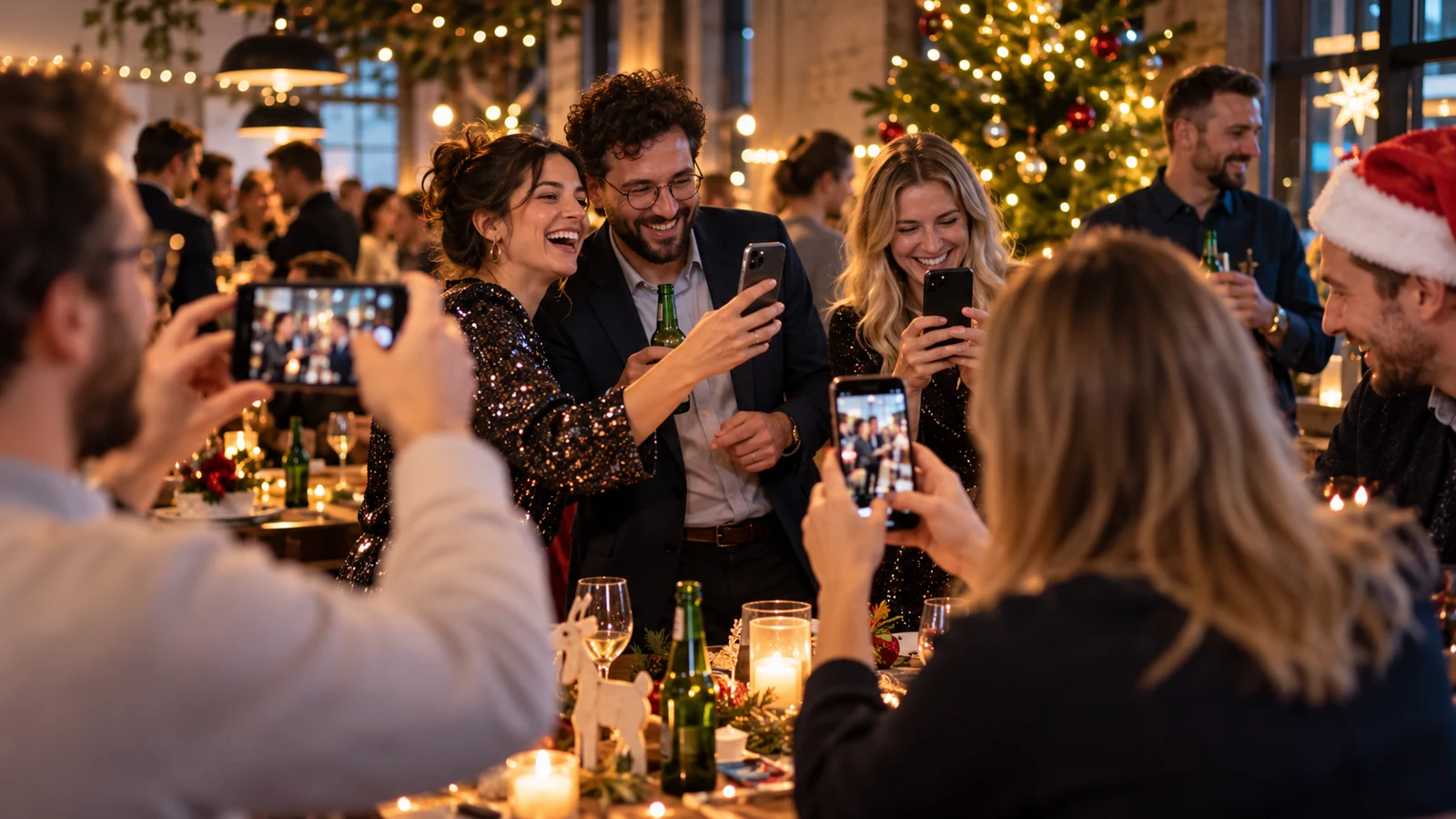 Guests at a festively decorated Christmas party laugh together and take photos with their smartphones