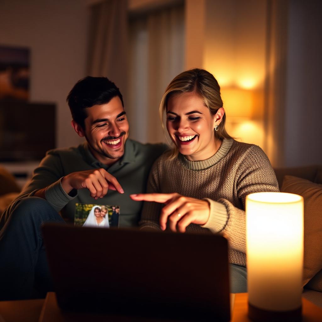 Frisch verheiratetes Paar sitzt gemeinsam am Laptop und freut sich über die vielen Hochzeitsfotos
