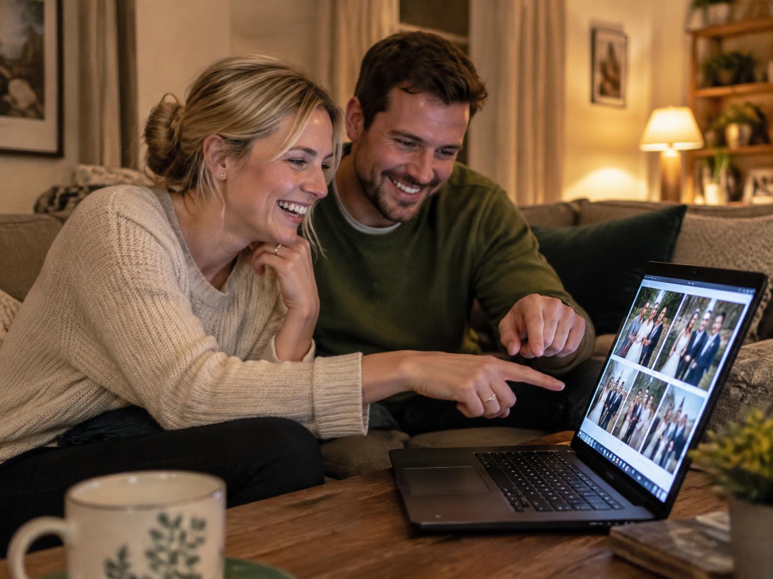 A couple reviews guests' wedding photos together on a laptop