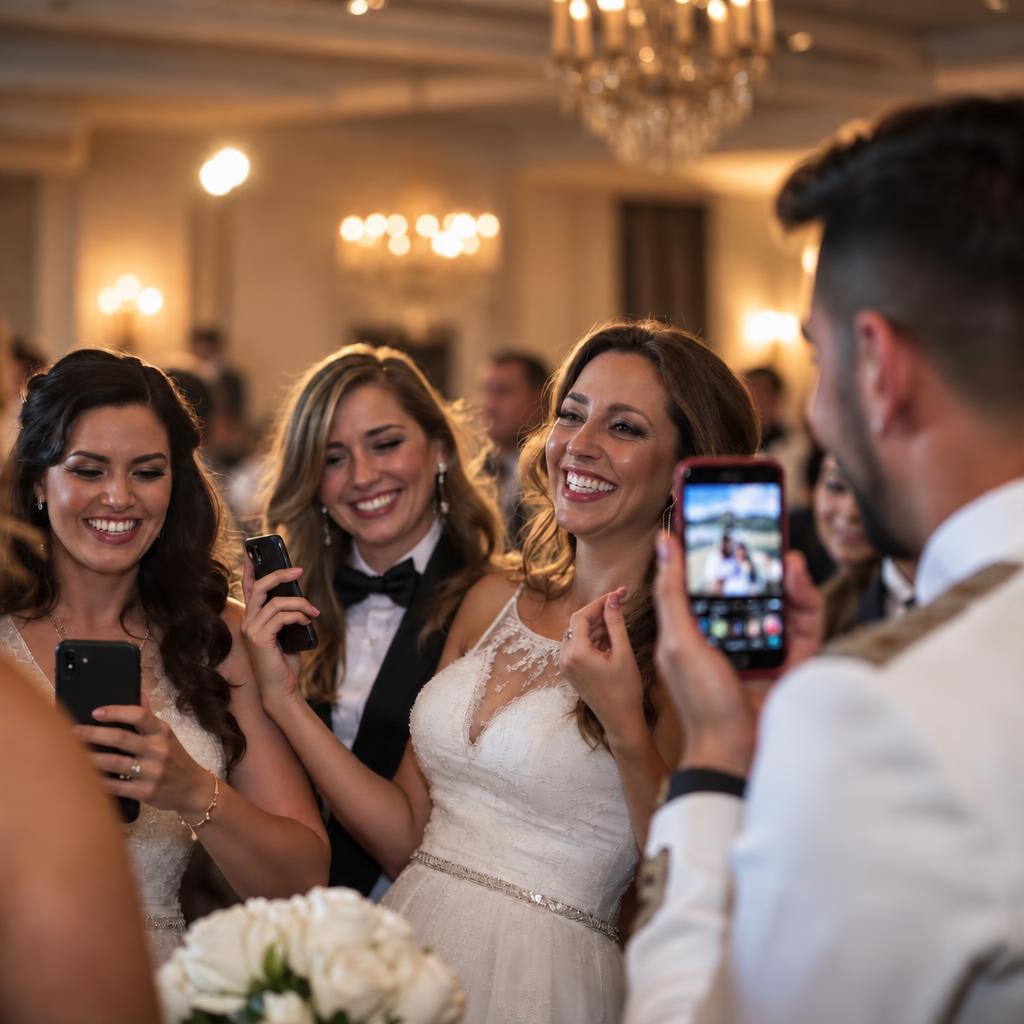 Wedding guests laughing together while taking photos with their smartphones
