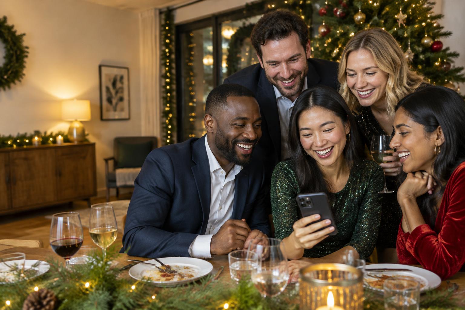 Guests at a Christmas party laugh as they show each other photos on a smartphone