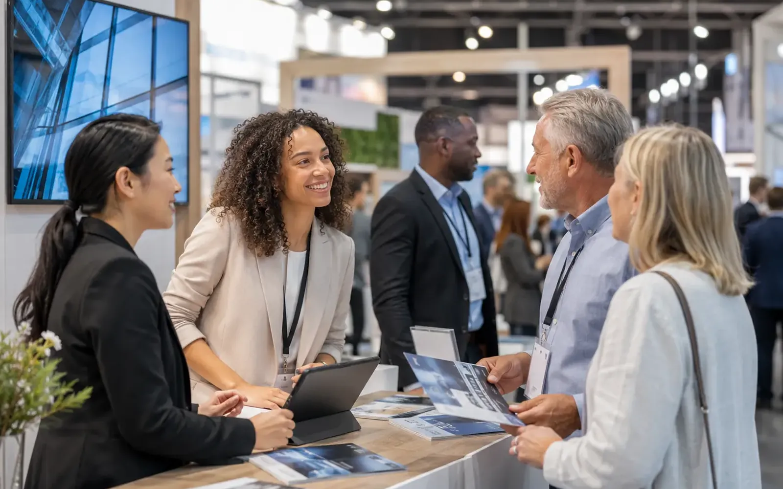 Messeteam im Gespräch mit Besuchern am Messestand