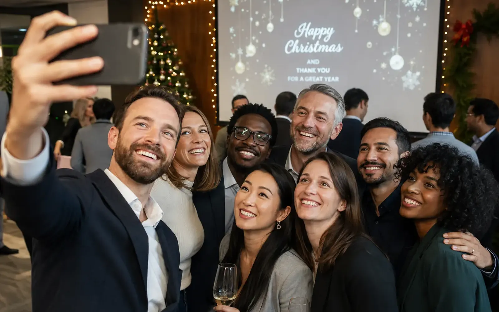 Kolleginnen und Kollegen machen ein Selfie vor der Leinwand einer Weihnachtsfeier