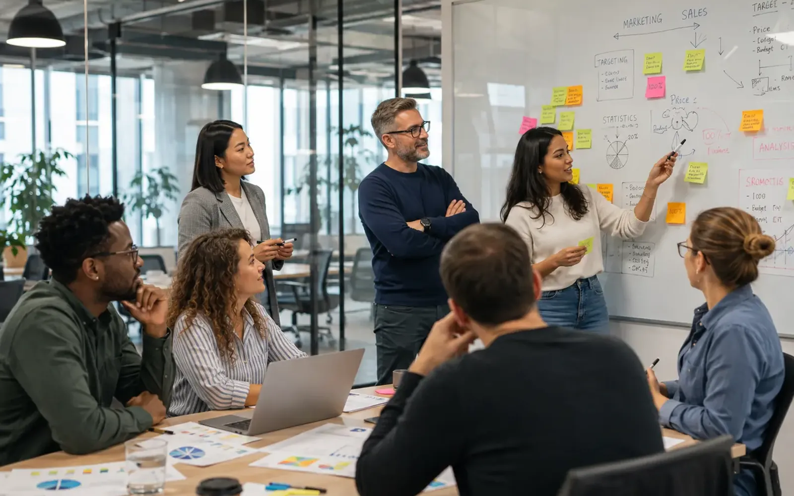 Workshop-Teilnehmende diskutieren vor einem Whiteboard mit Haftnotizen