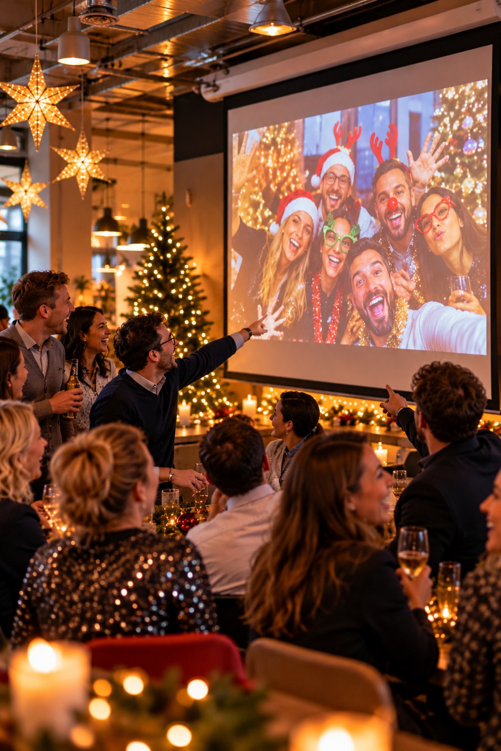 Guests in front of a screen showing photos of the ongoing Christmas party