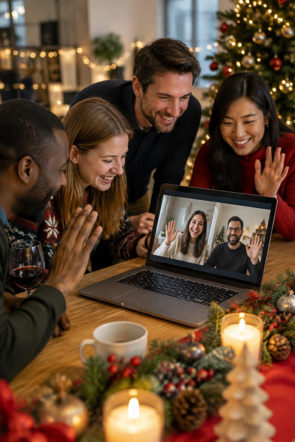 A colleague working from home waves to a celebrating group on a video call