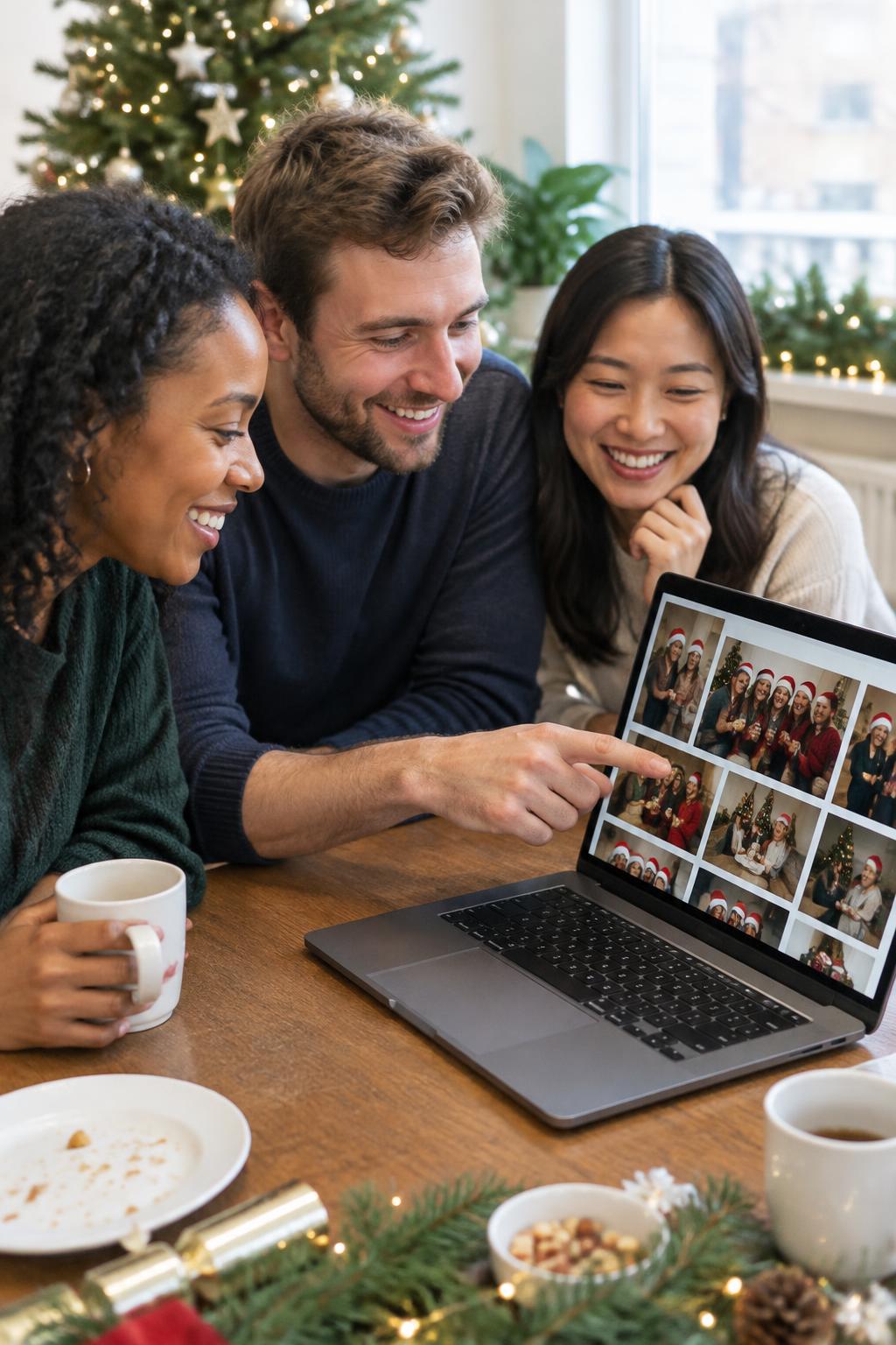 Colleagues choose the best photos of the party together on a laptop