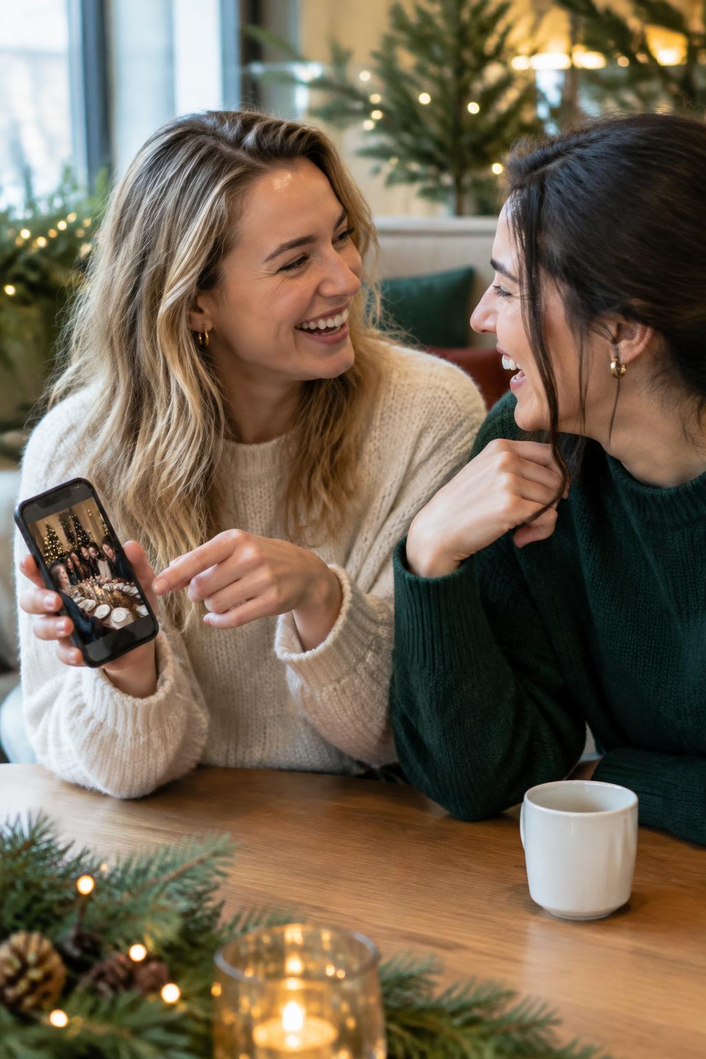 Two colleagues laugh at a photo on a smartphone and share the story behind it