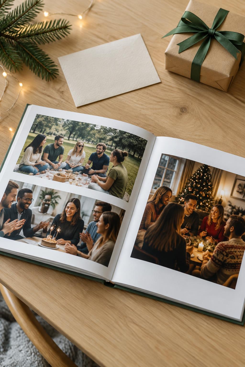 A small photo book with pictures of the year as a gift on a table