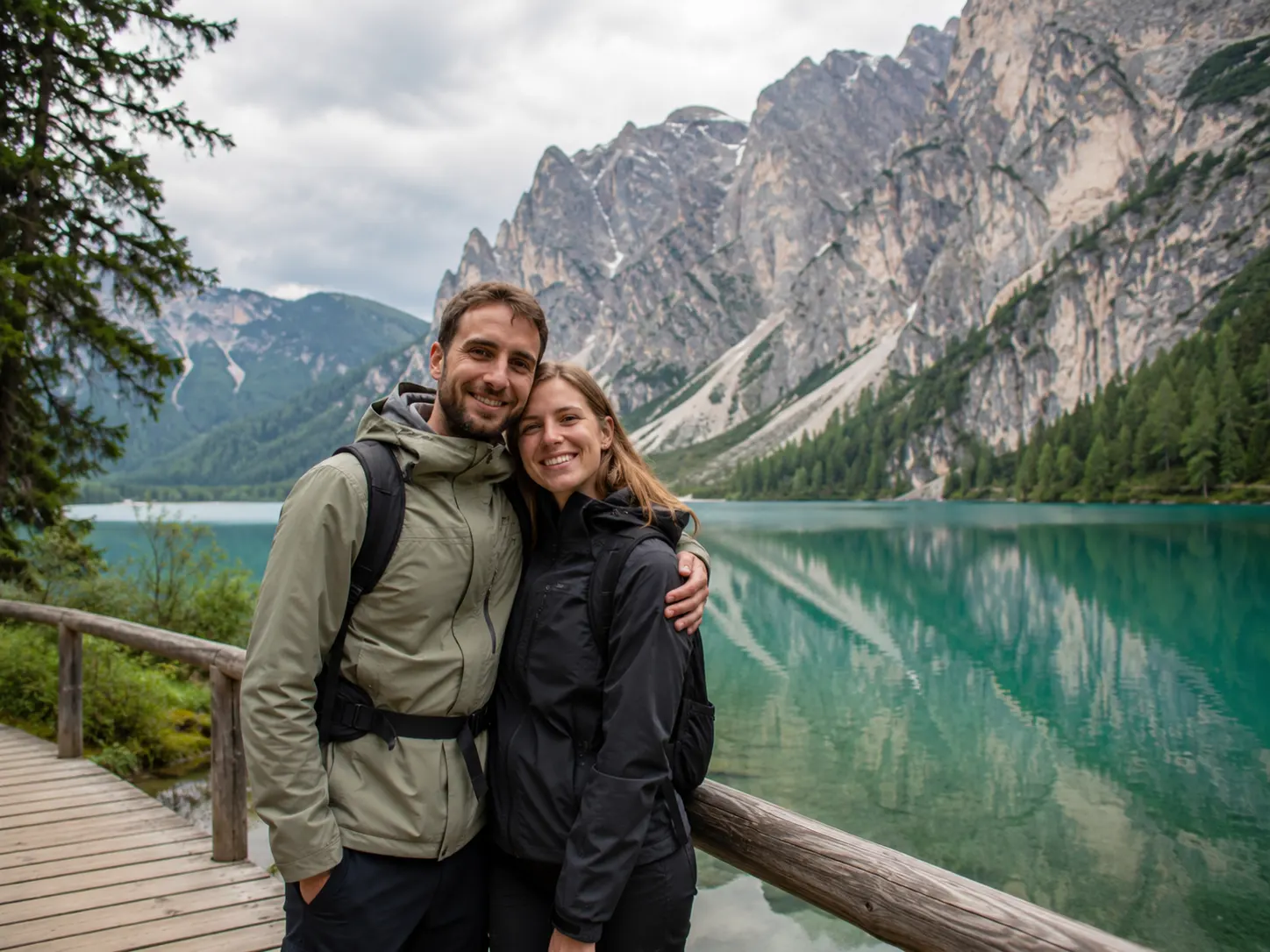 Lächelndes Paar, das sich an einem Holzsteg an einem türkisblauen Bergsee umarmt