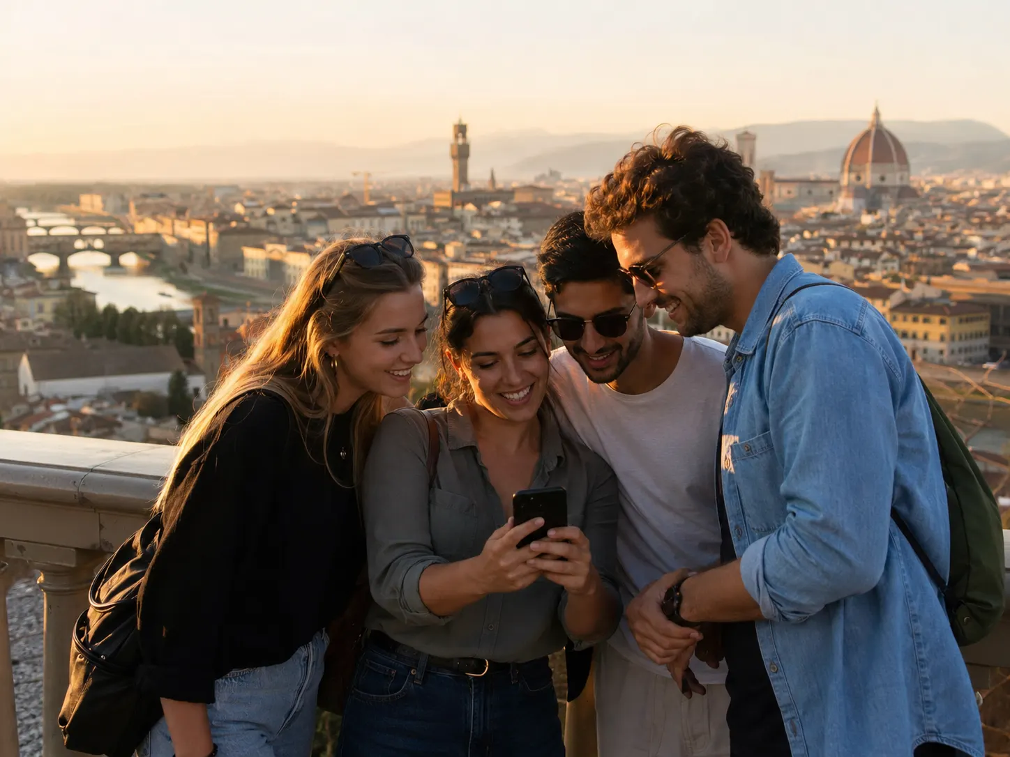 Vier junge Menschen schauen bei Sonnenuntergang auf ein Smartphone mit Florenz im Hintergrund