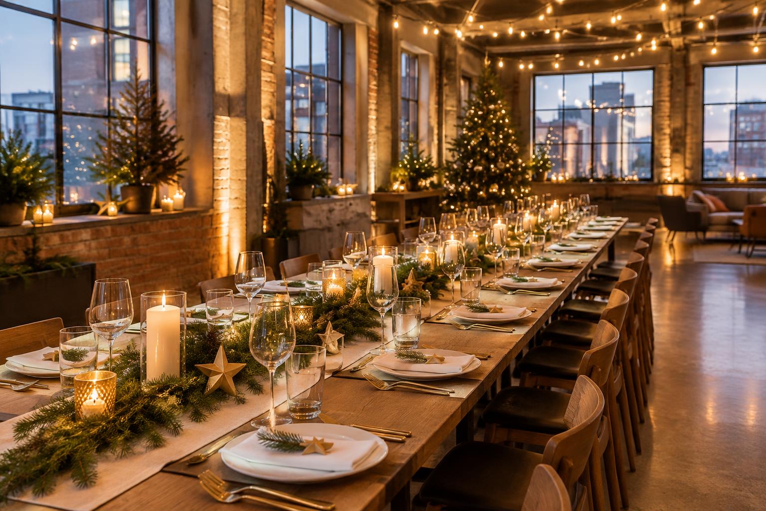 A festively laid table for a Christmas party in the early evening