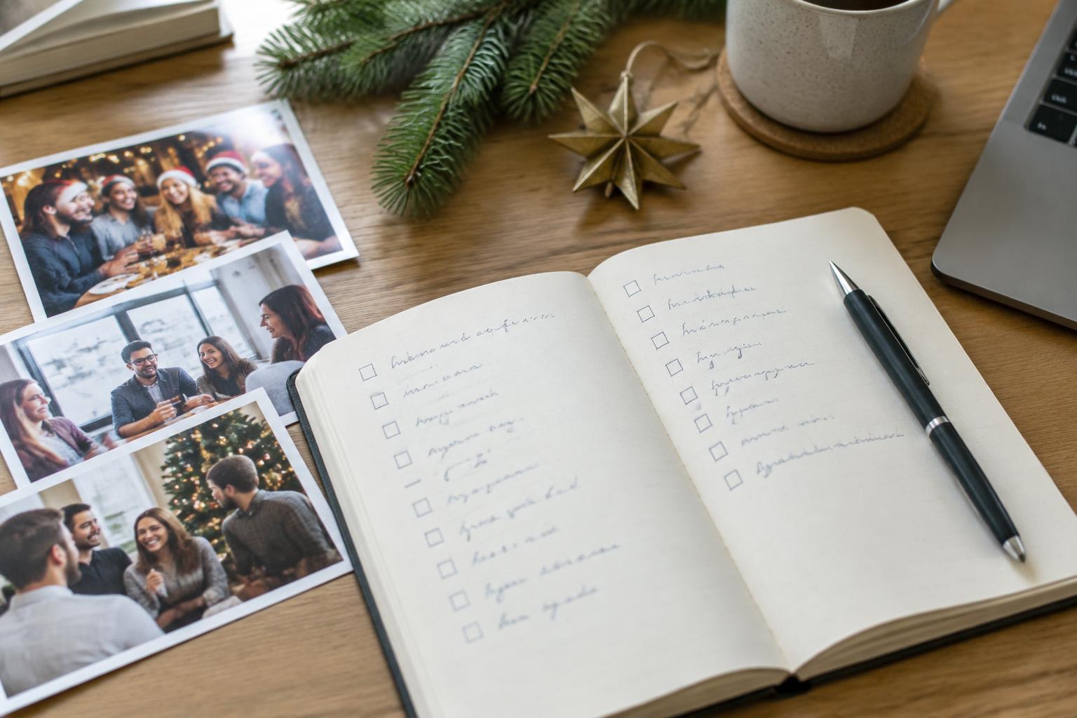 Notepad with a checklist, a pen and Christmas decorations